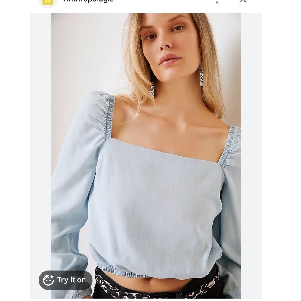 Cloth & Stone Womens XS Light Wash Tencel Chambray Puff Sleeve Smocked Back Top
